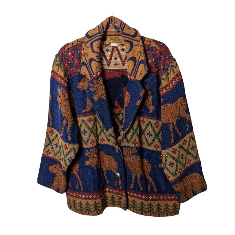 Vintage Painted Pony Tapestry Woven Blazer Cabin Moose Pattern Beaded OS